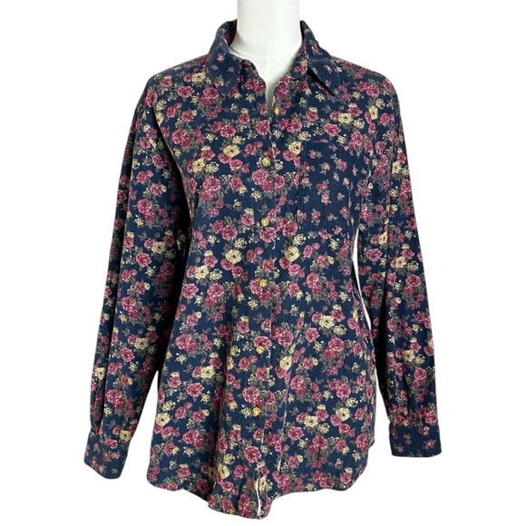 Vintage Tops - Vintage 90s Micro Corduroy Floral Cottage Shabby Chic Button Down Shirt Medium